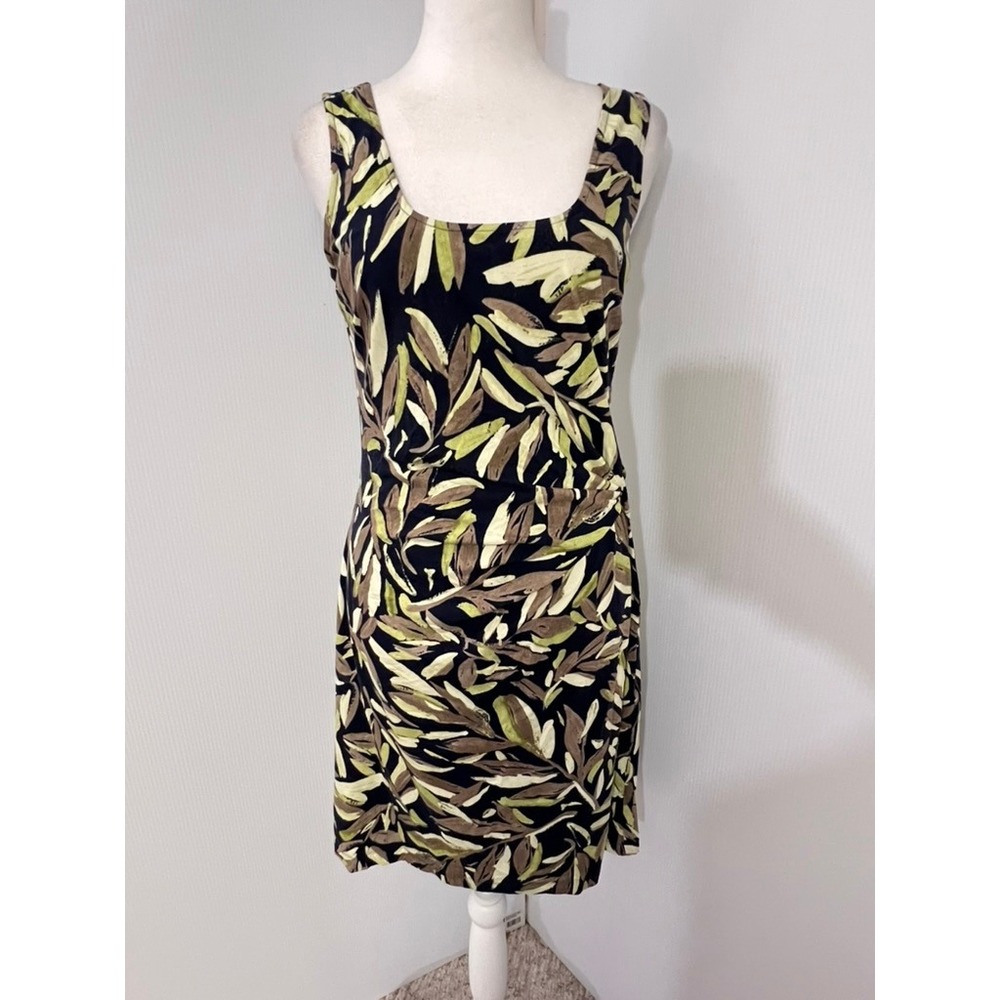 NIC+ZOE Womens Dress Small‎ Black Green Brown Leaf Print Sleeveless Ruched